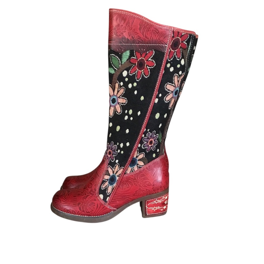 NEW Socofy Red Black Floral Boho Textile Tapestry Leather Tall Boots - Picture 3 of 13